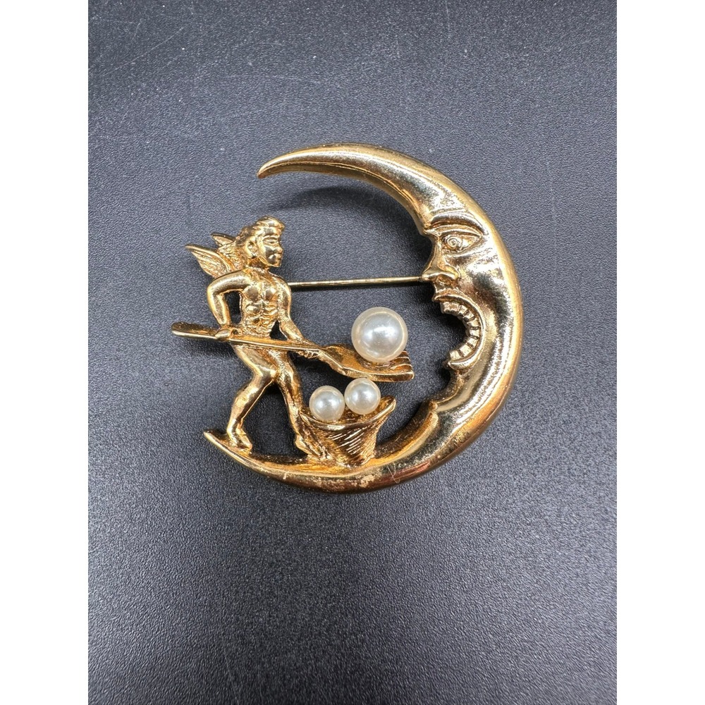 Gold Tone Fairy Feeding Moon Brooch Faux Pearl Celestial Man in the Moon Pin